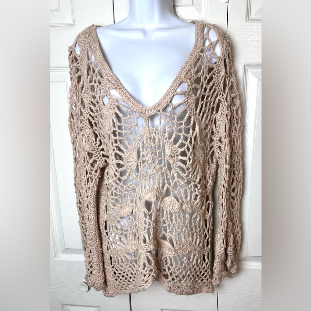 FREE PEOPLE Crochet Sweater Tan Beige Open Knit Beach Swimsuit Coverup Bohemian - Picture 2 of 10